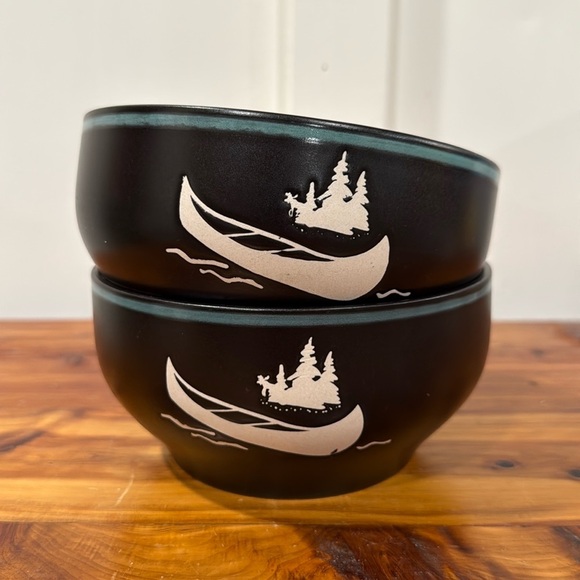 Bass Pro Shops Canoe Tree Water Outdoors Black Soup Cereal Bowls Set of 2 - Picture 1 of 5